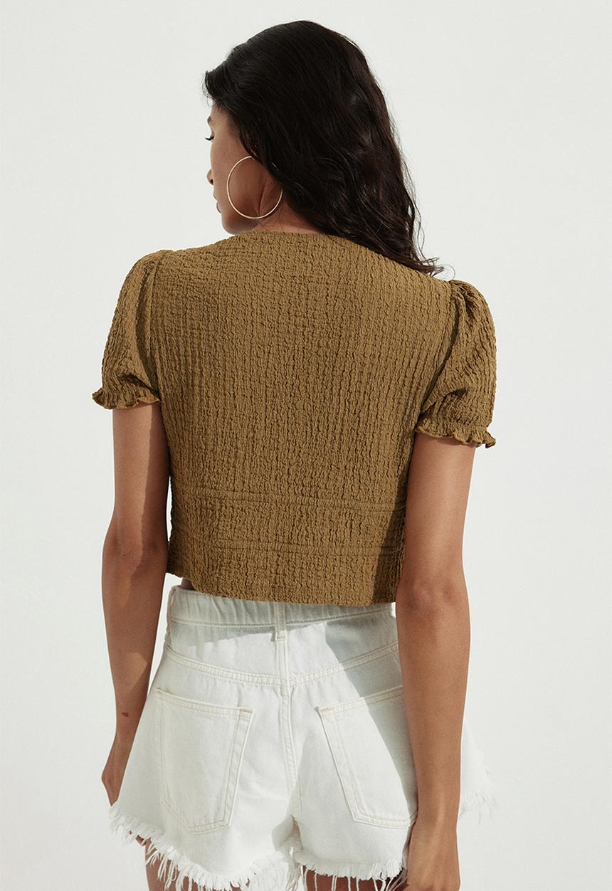 H&M - Crinkled tie-front top - golden olive