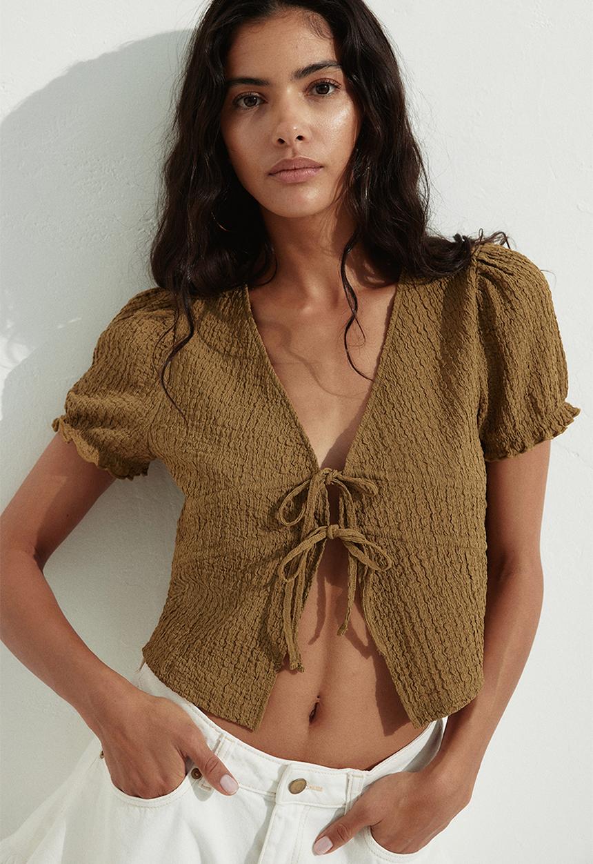 H&M - Crinkled tie-front top - golden olive