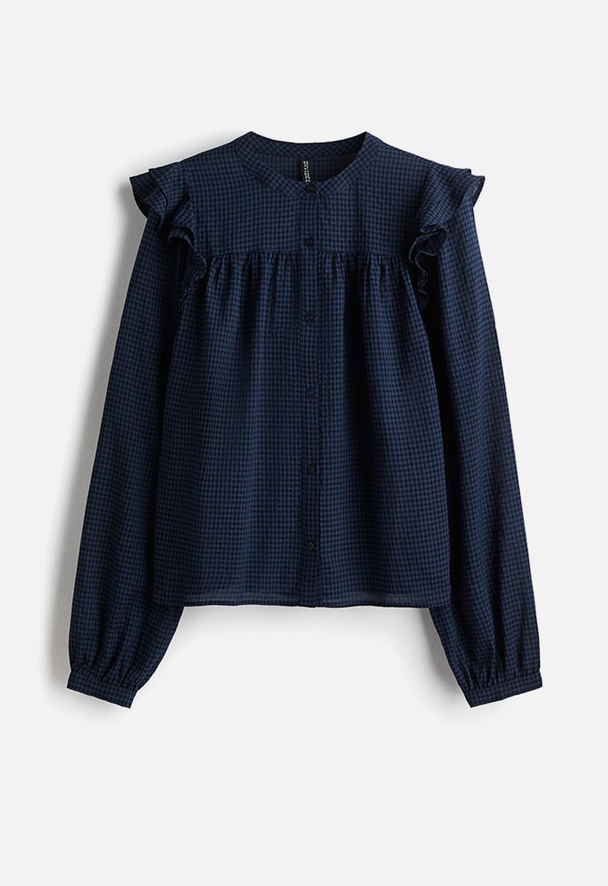 H&M - Flounce-detail blouse - dark blue & gingham check