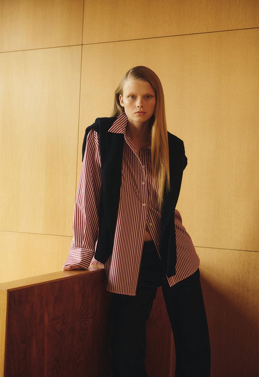 H&M - Oversized poplin shirt - burgundy/white striped