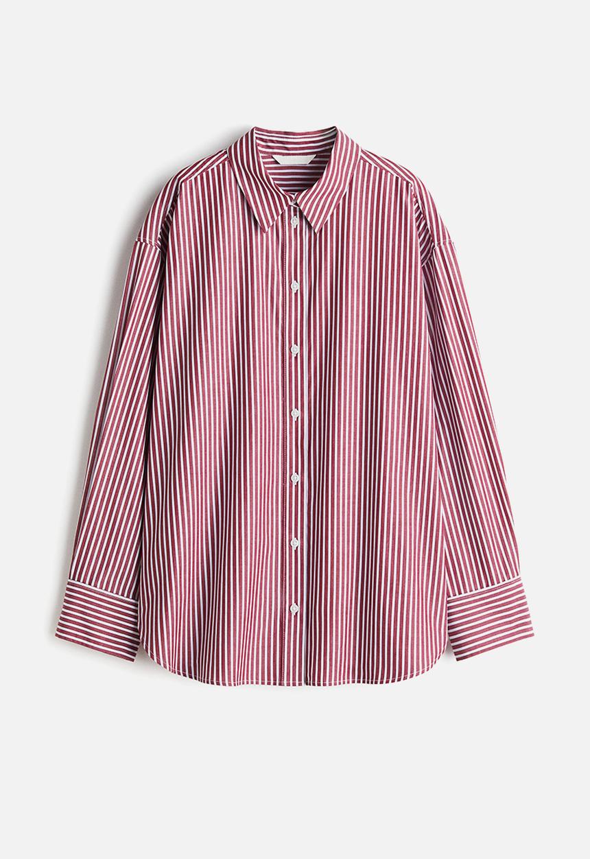 H&M - Oversized poplin shirt - burgundy/white striped