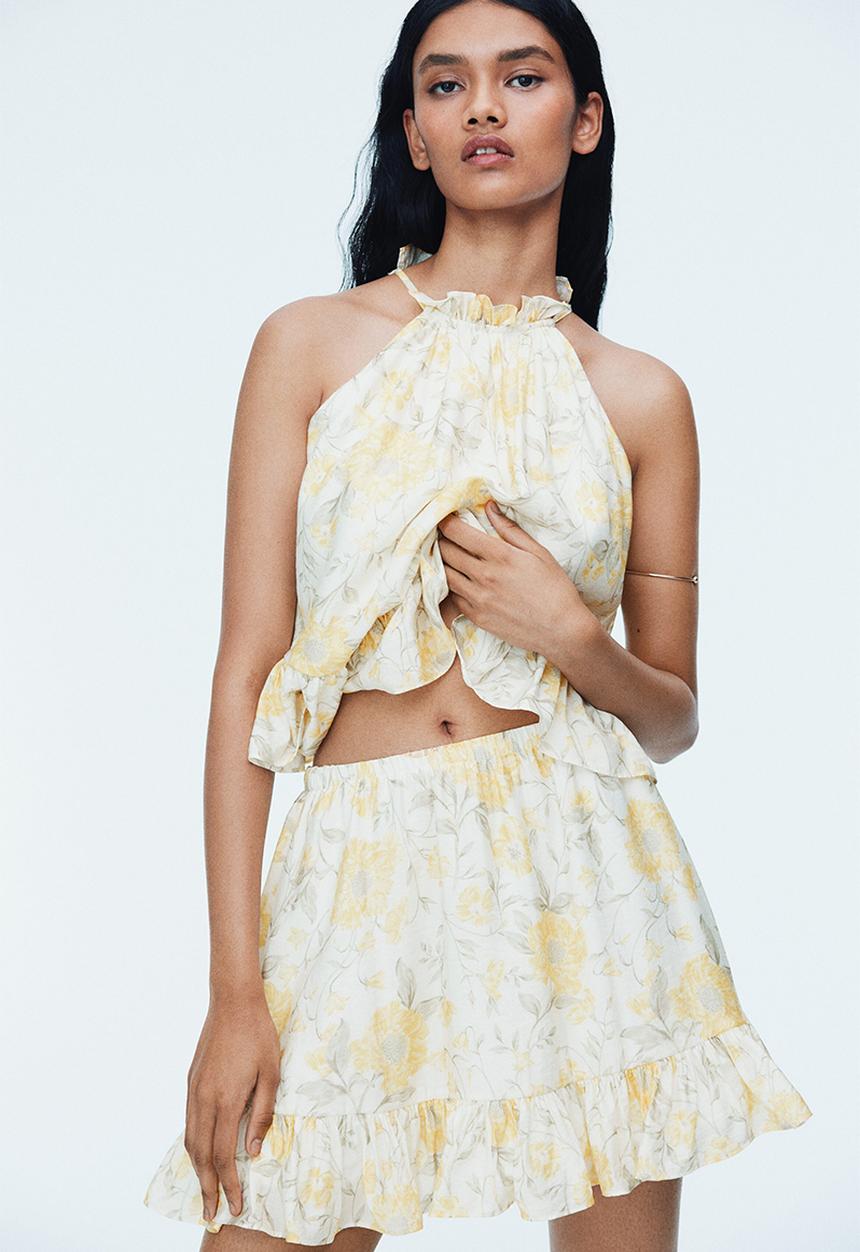 H&M - Frill-trimmed skirt -  white/yellow floral 