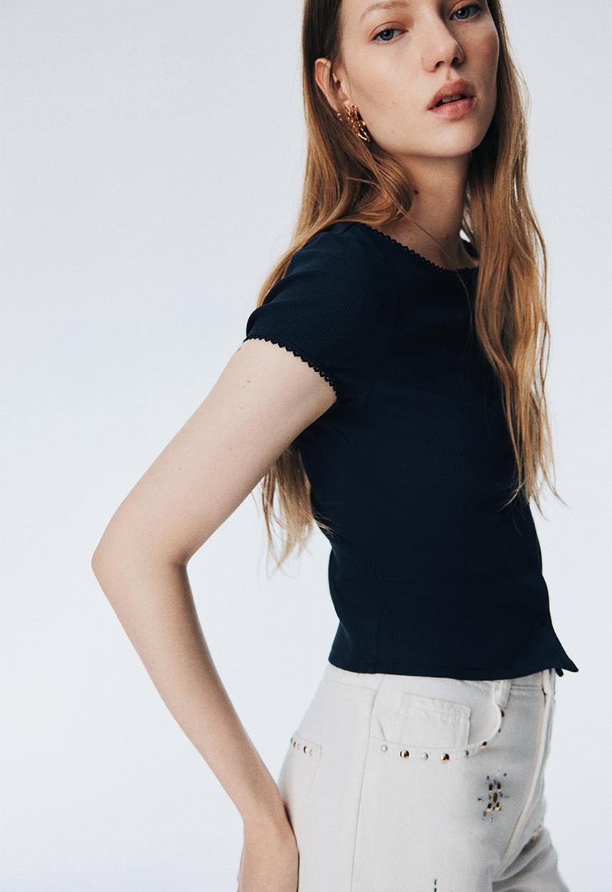 H&M - Ribbed button-front top - navy blue