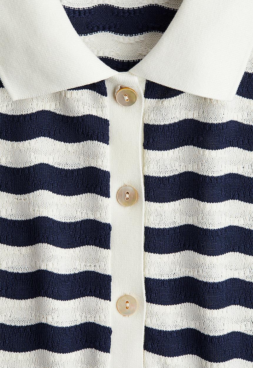 H&M - Textured-knit polo shirt - white & dark blue striped