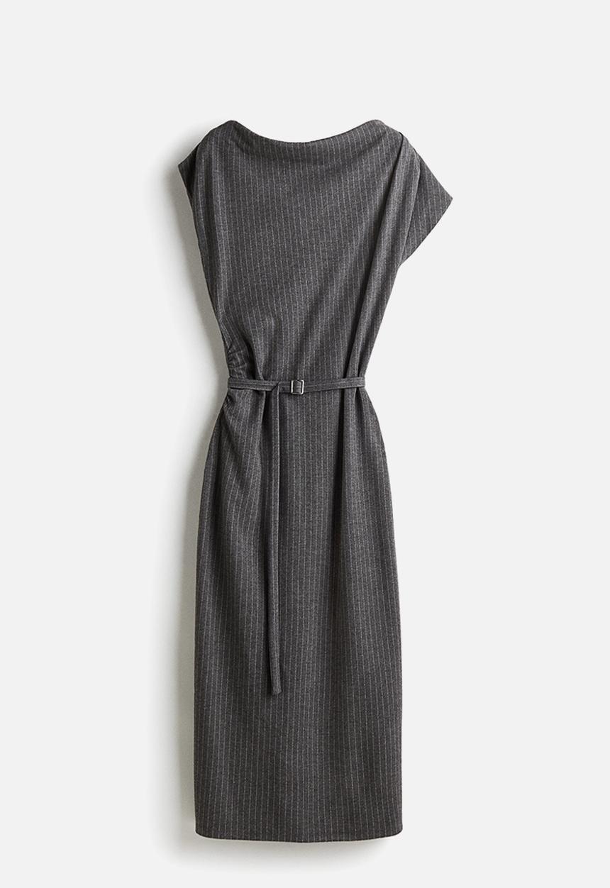 H&M - Draped belted dress - dark grey pinstriped