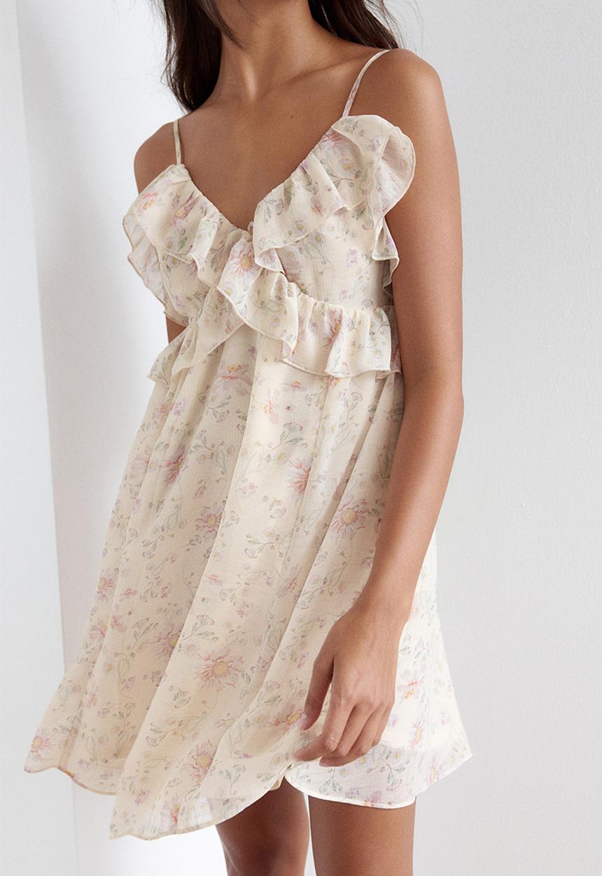 H&M - Frill-trimmed strappy dress - light beige floral