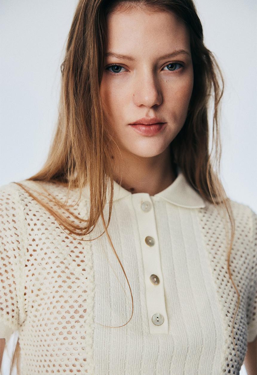 H&M - Hole-knit polo shirt - cream