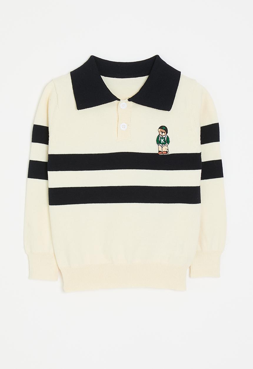 Pop Candy - Embroidered bear collared sweater - cream/black