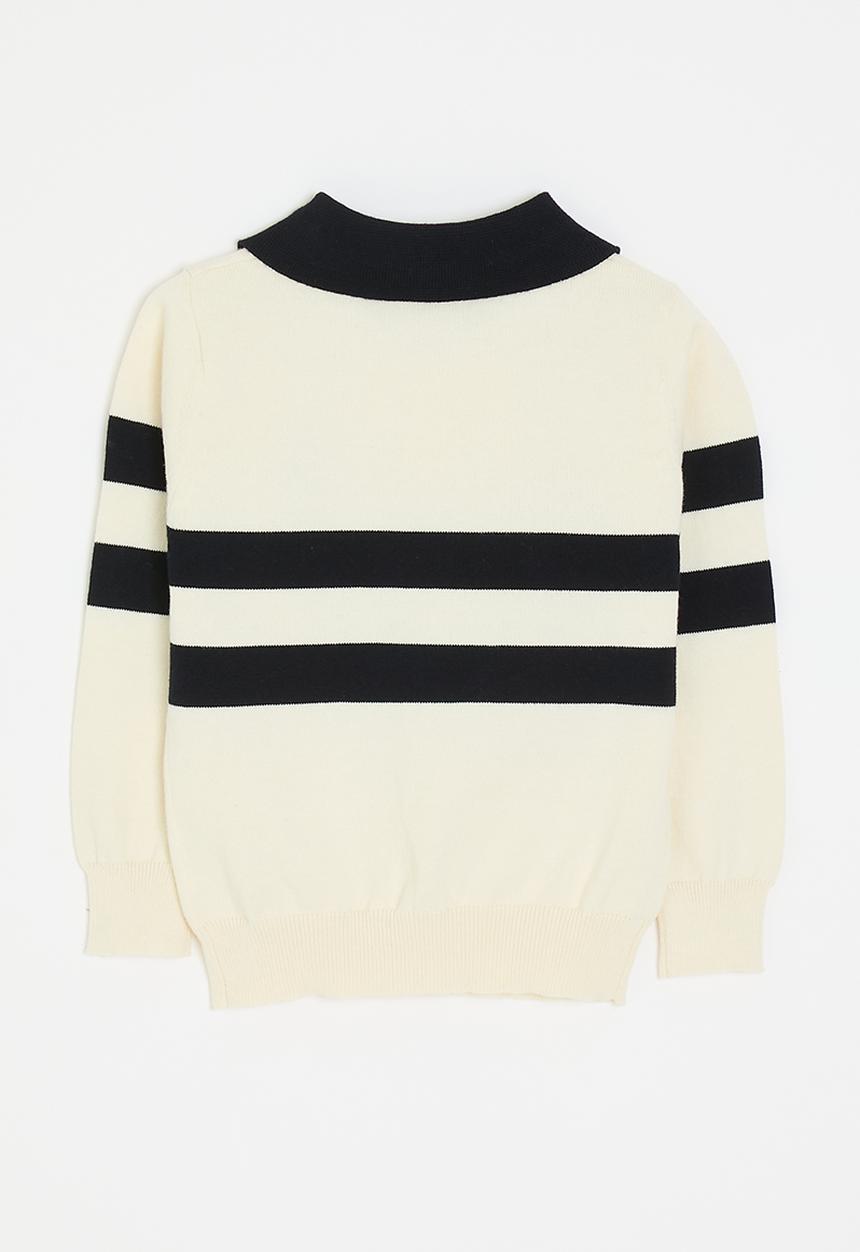 Pop Candy - Embroidered bear collared sweater - cream/black