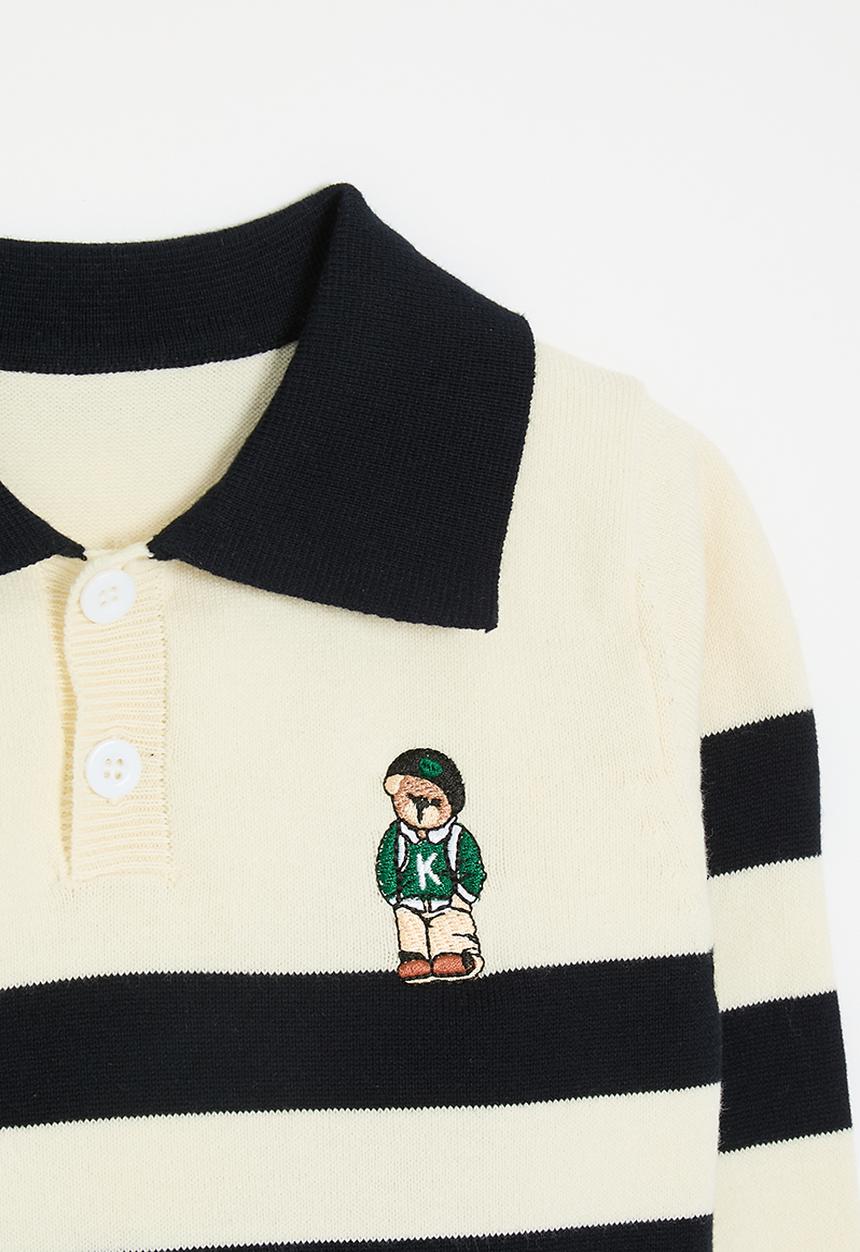Pop Candy - Embroidered bear collared sweater - cream/black