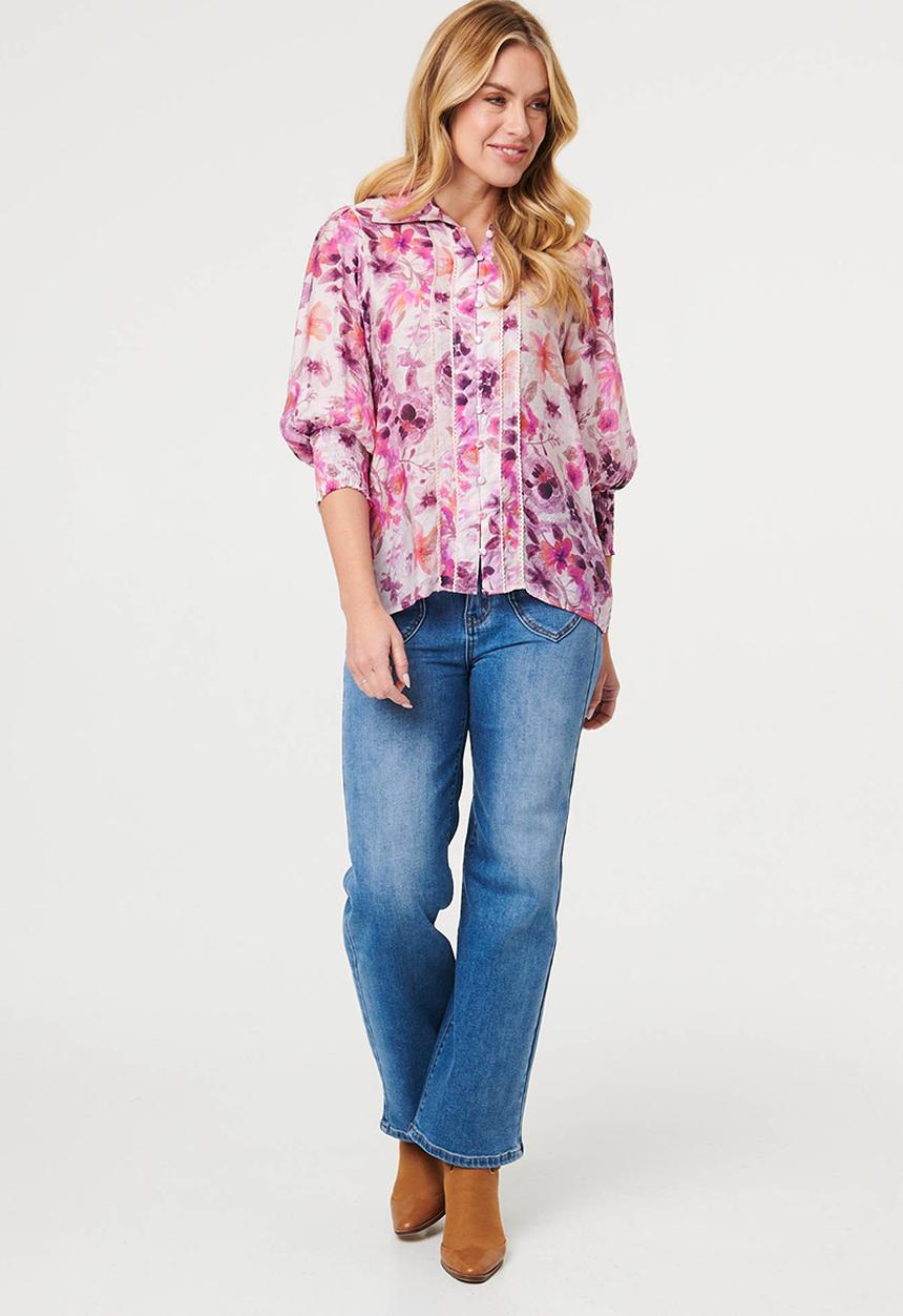 Izabel London - L/slve Sheer Button Through with Lace Detail - Multi Pink