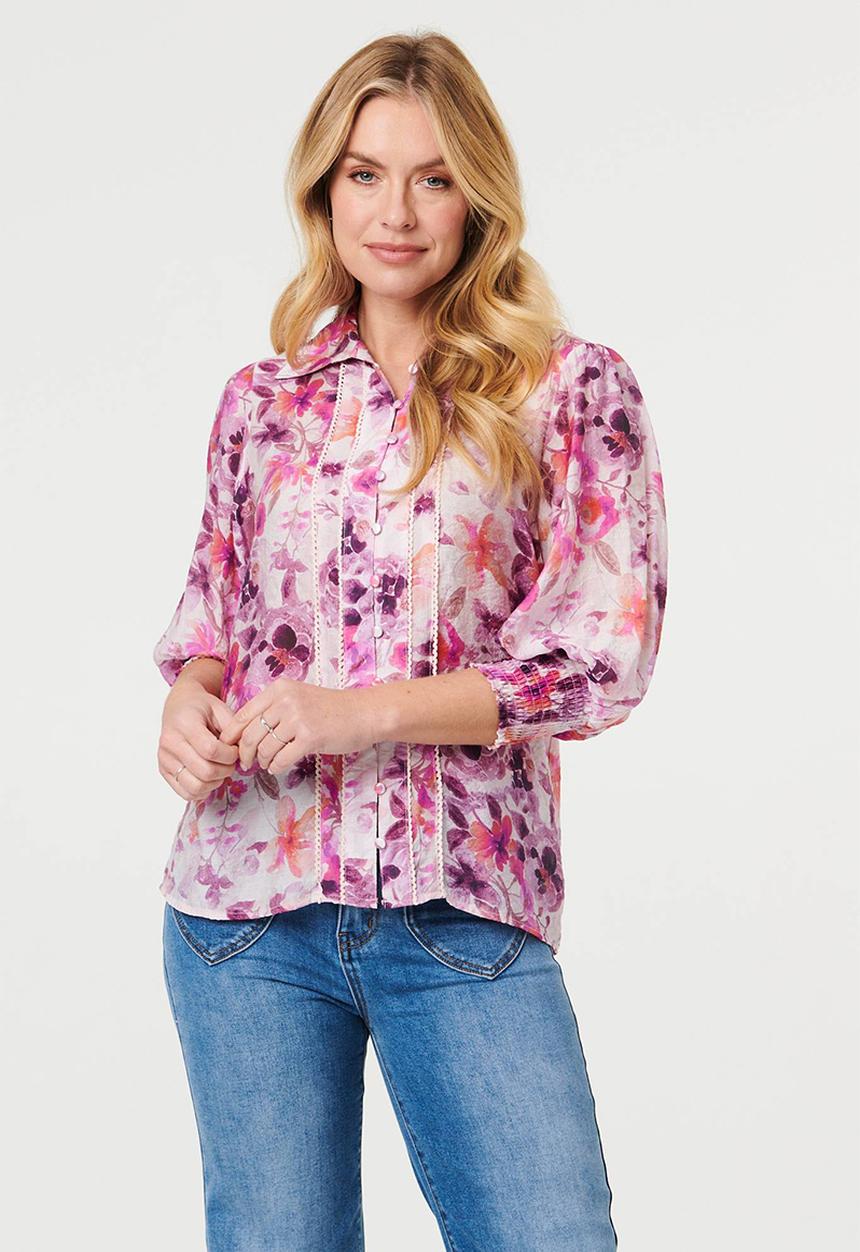 Izabel London - L/slve Sheer Button Through with Lace Detail - Multi Pink