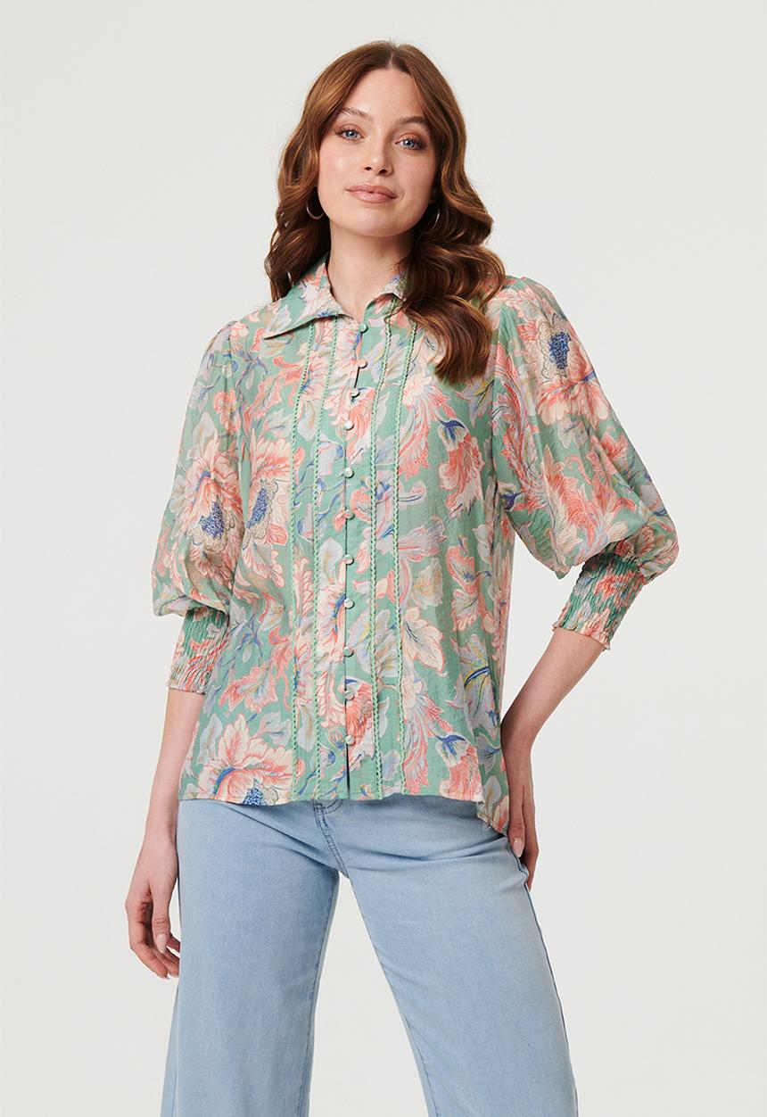 Izabel London - L/slve Sheer Button Through with Lace Detail - Avocado