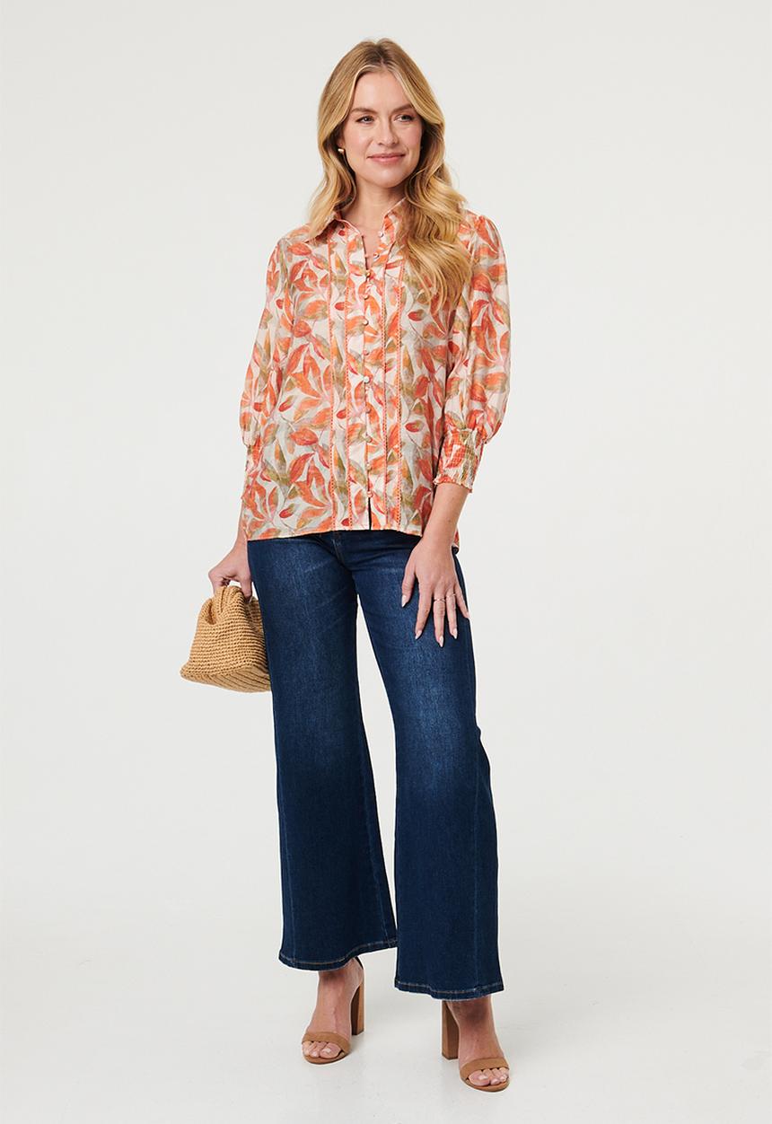 Izabel London - L/slve Sheer Button Through with Lace Detail - Orange
