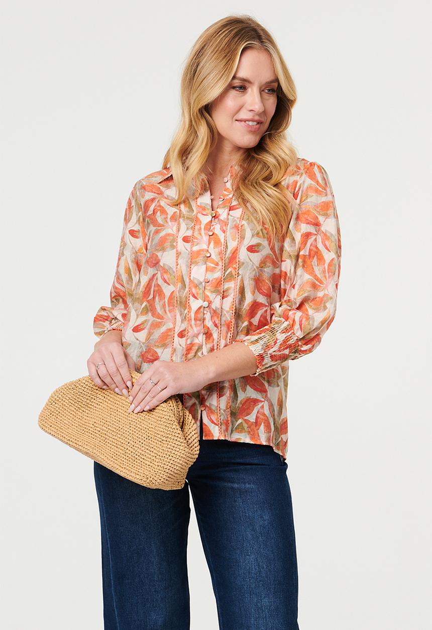 Izabel London - L/slve Sheer Button Through with Lace Detail - Orange