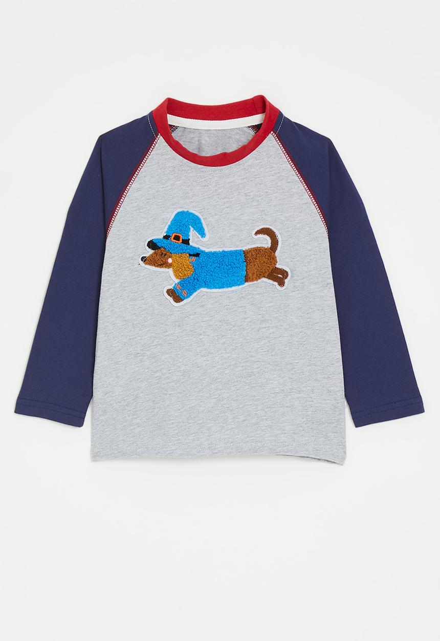 Pop Candy - Chenille embroidered raglan sleeve tee - navy/pale grey/dachshund