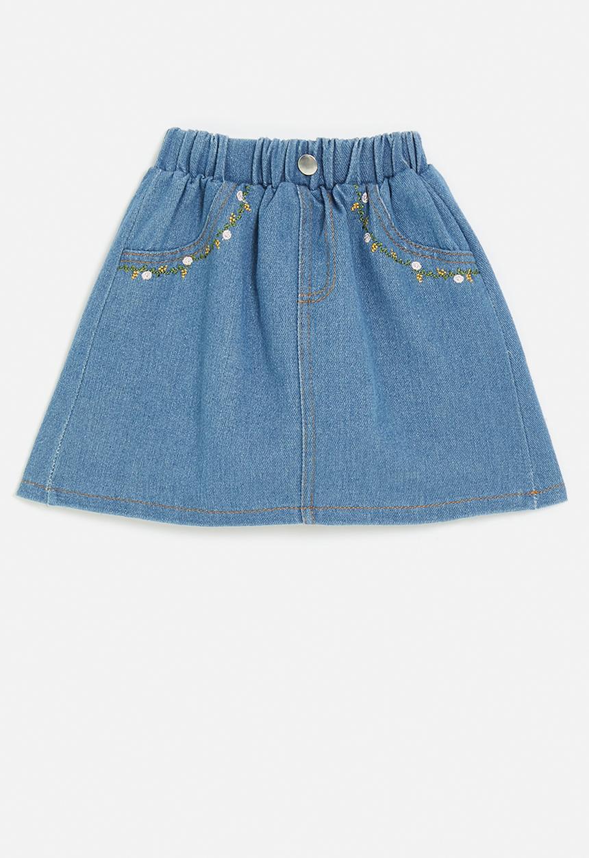 Pop Candy - Embroidered pocket a-line denim skirt - blue