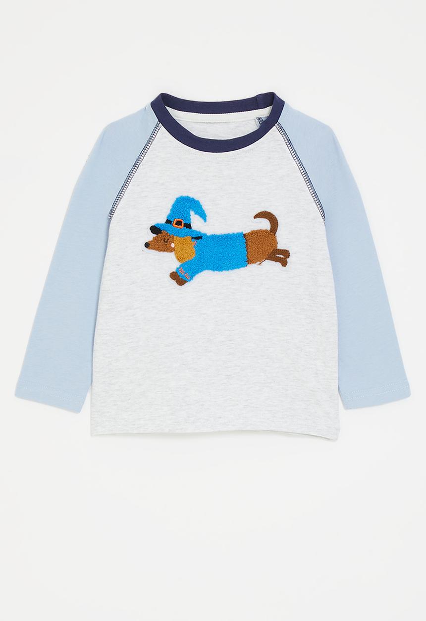 Pop Candy - Chenille embroidered raglan sleeve tee - blue/pale grey/dachshund