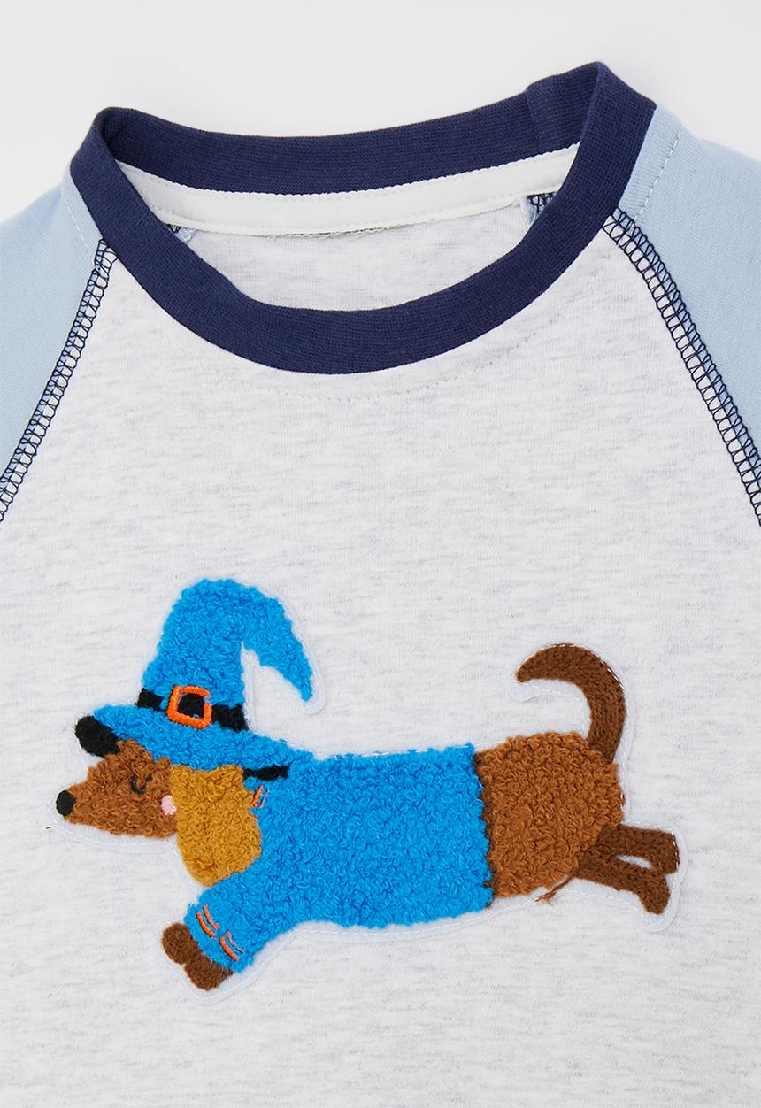 Pop Candy - Chenille embroidered raglan sleeve tee - blue/pale grey/dachshund