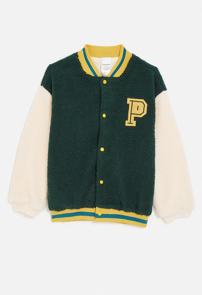 Pop Candy - Teddy fleece baseball jacket with striped rib - dark green/neutral