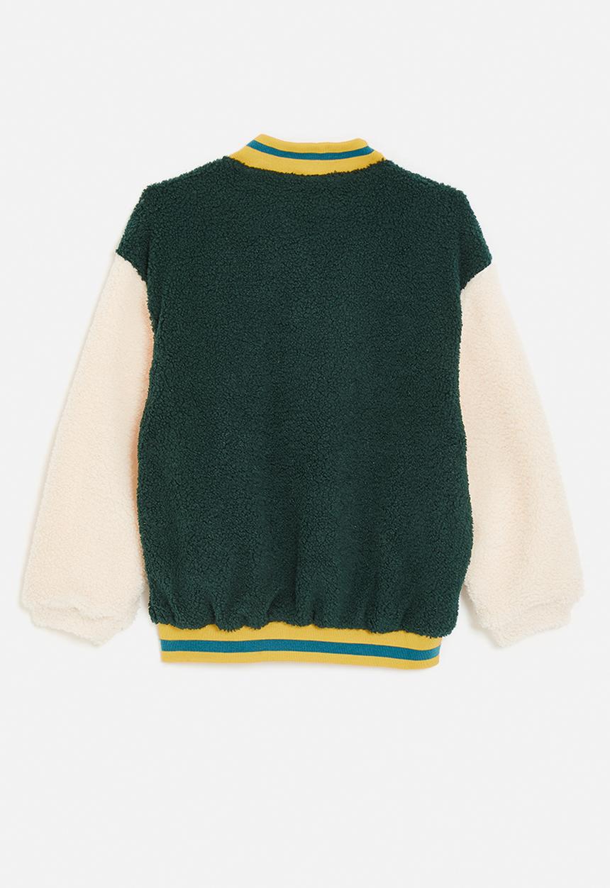 Pop Candy - Teddy fleece baseball jacket with striped rib - dark green/neutral