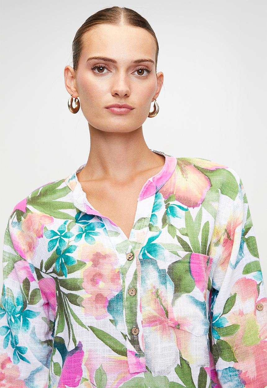 Stella Morgan - Italian Made Half Sleeve With Flutter Half Placket Straight Hem Blouse - Multi White