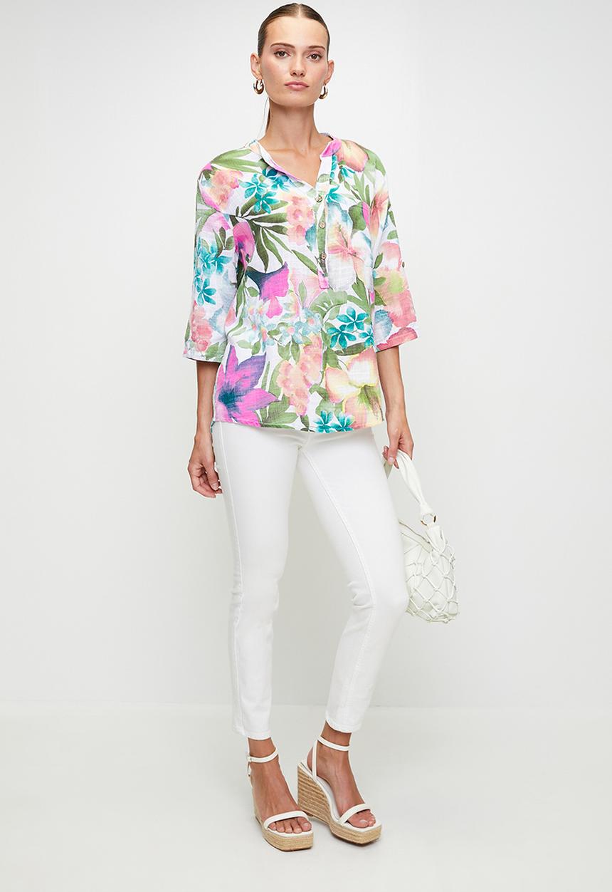 Stella Morgan - Italian Made Half Sleeve With Flutter Half Placket Straight Hem Blouse - Multi White