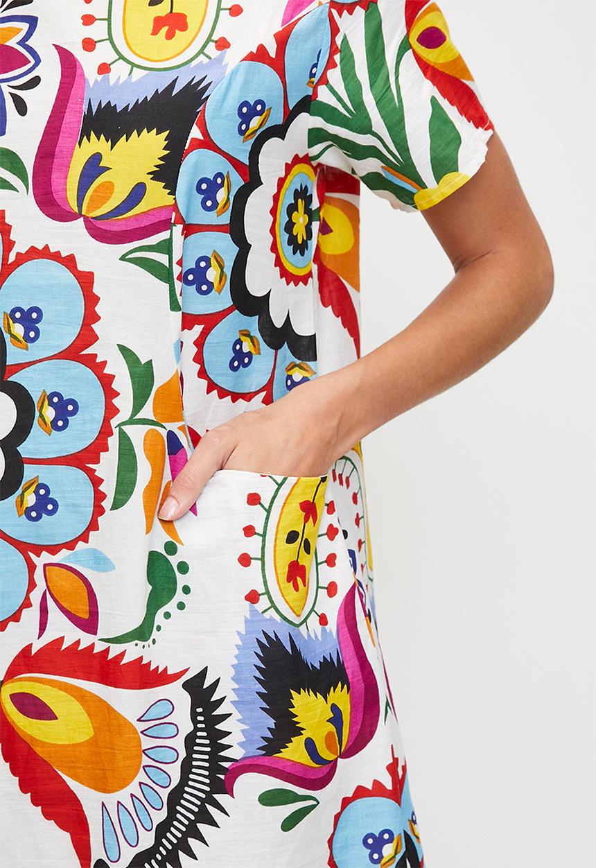 Stella Morgan - S/s Crew Neck Front Pocket Printed T-Shirt Midi Dress - Multi White