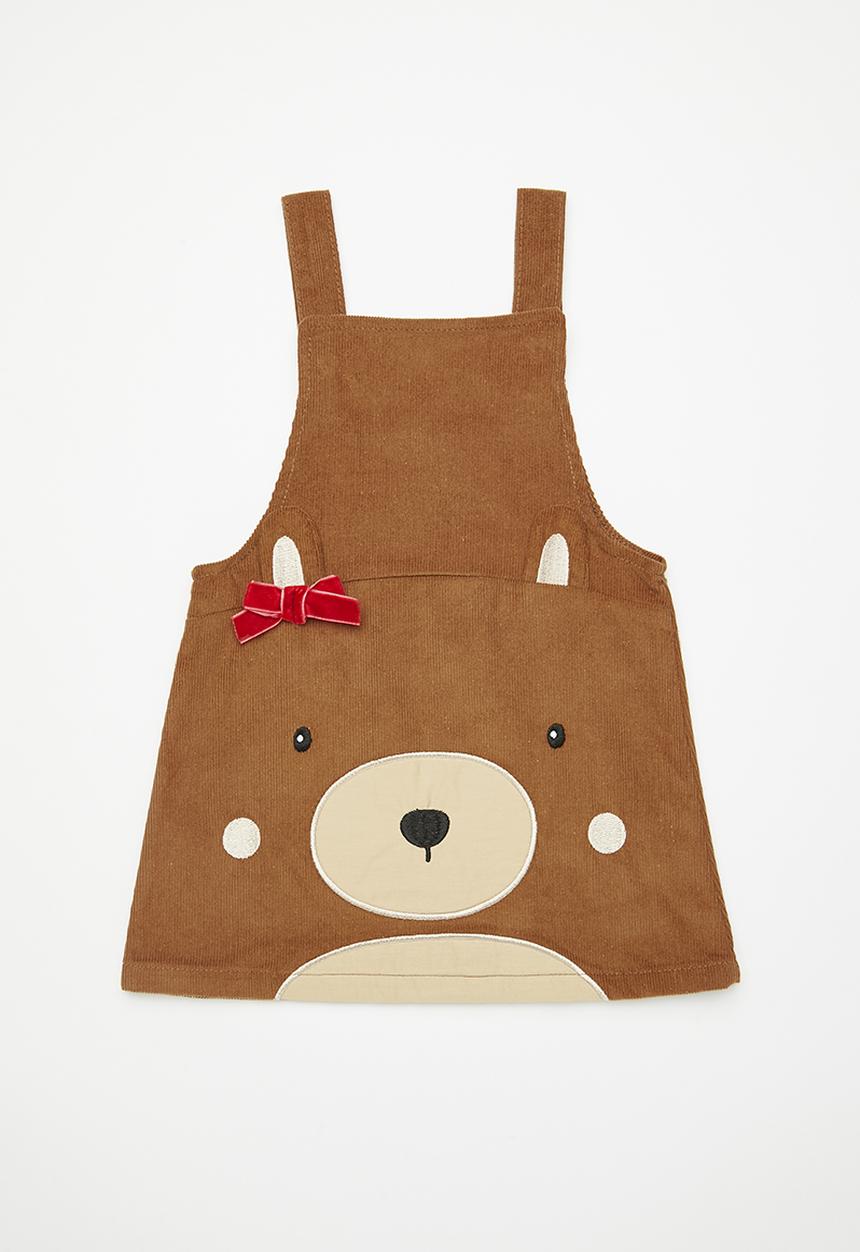 Pop Candy - Bear face embroidered dungaree dress - brown