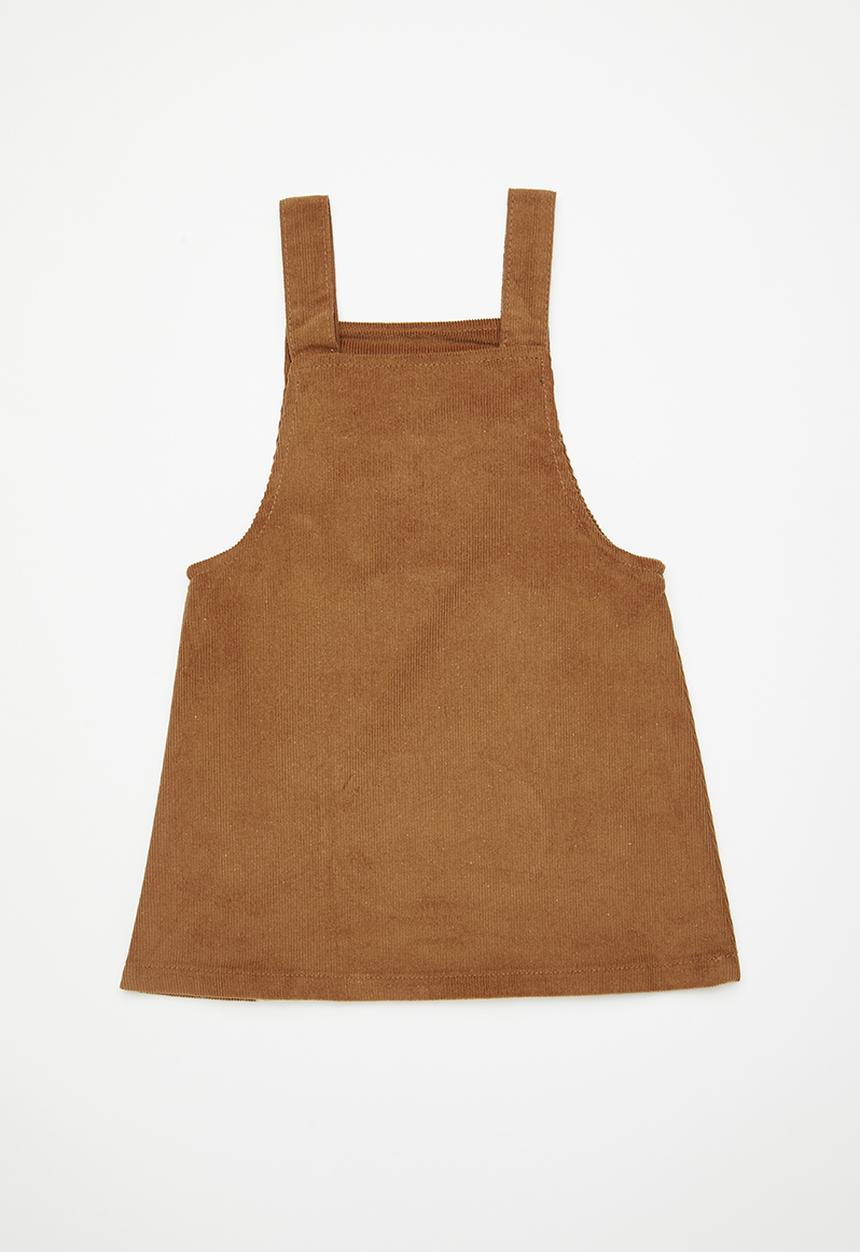 Pop Candy - Bear face embroidered dungaree dress - brown