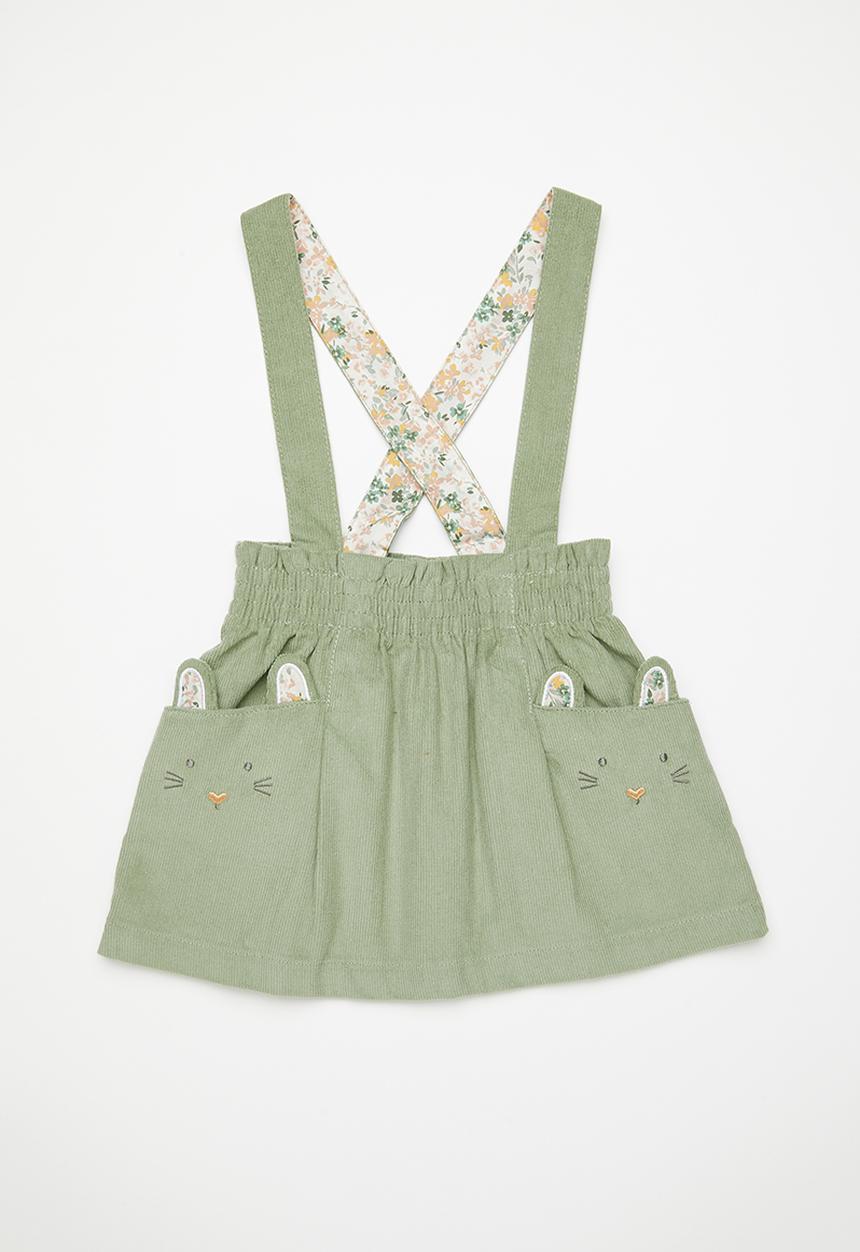 Pop Candy - Pinafore skirt with animal character pockets - asparagus