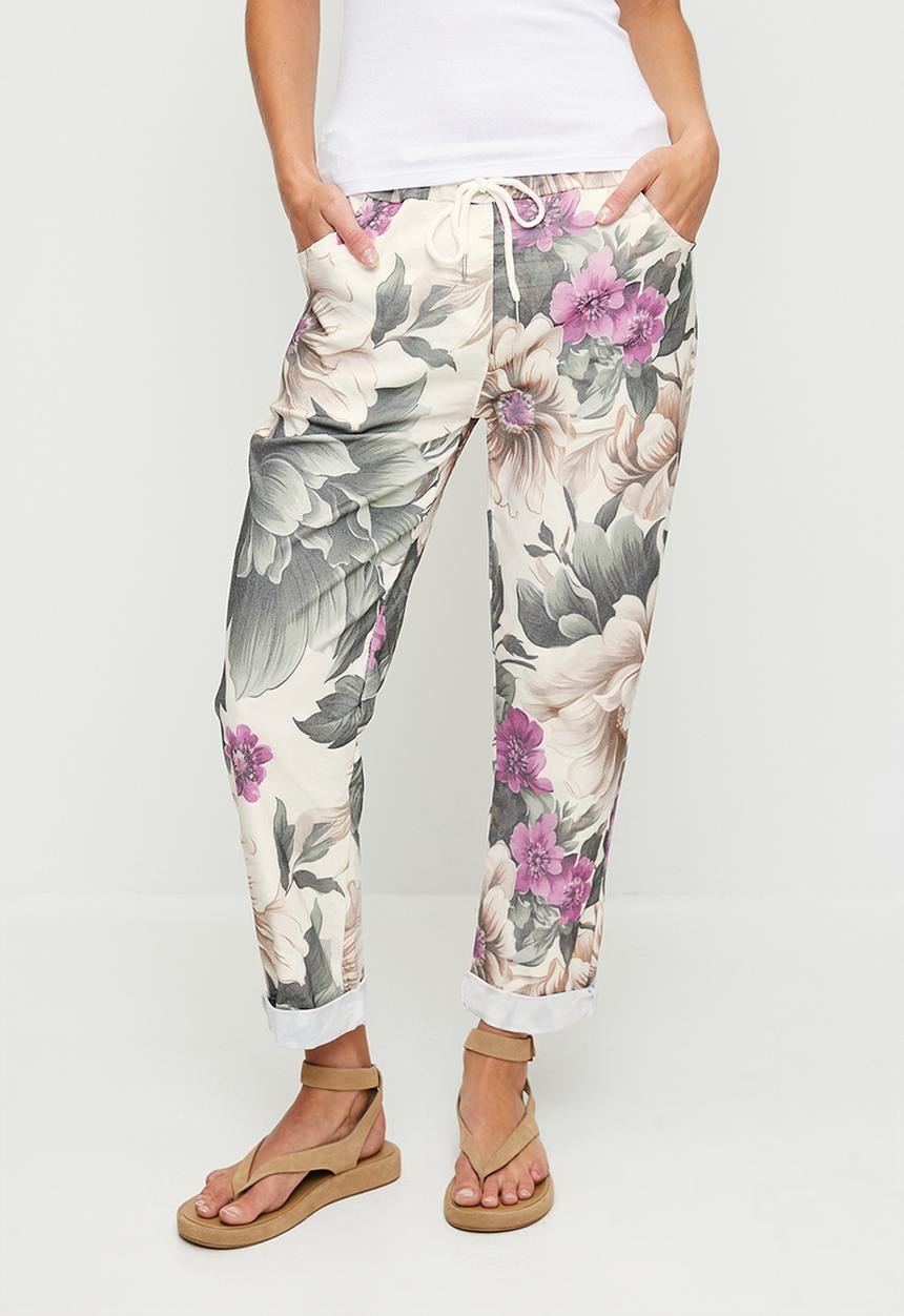 Stella Morgan - Italian Made Creased Printed Jogger With Drawcord - Cream Floral