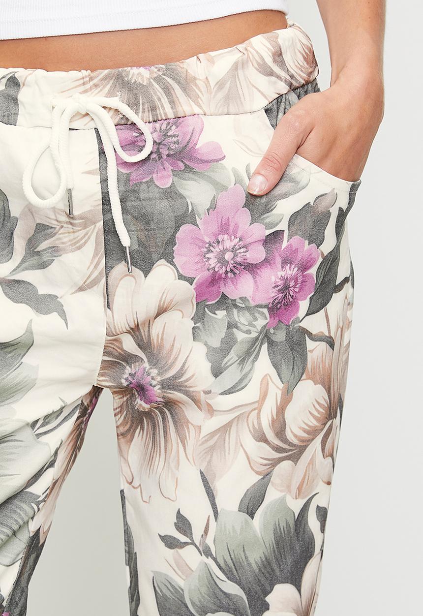 Stella Morgan - Italian Made Creased Printed Jogger With Drawcord - Cream Floral