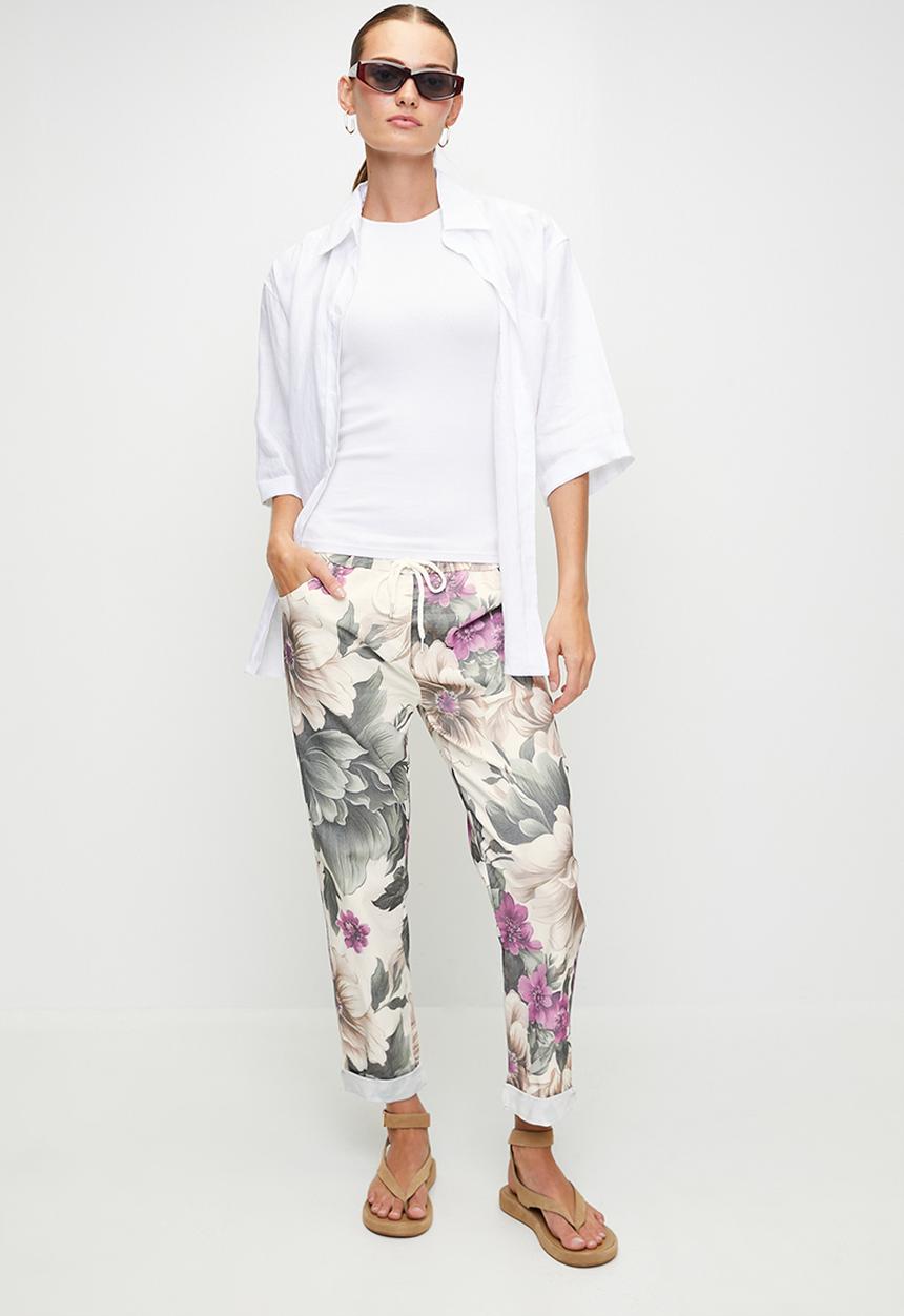 Stella Morgan - Italian Made Creased Printed Jogger With Drawcord - Cream Floral