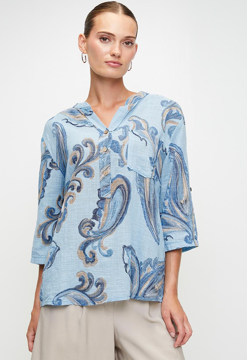 Stella Morgan - Italian Made Half Sleeve With Turn Back Half Placket Collared Blouse Printed - Blue