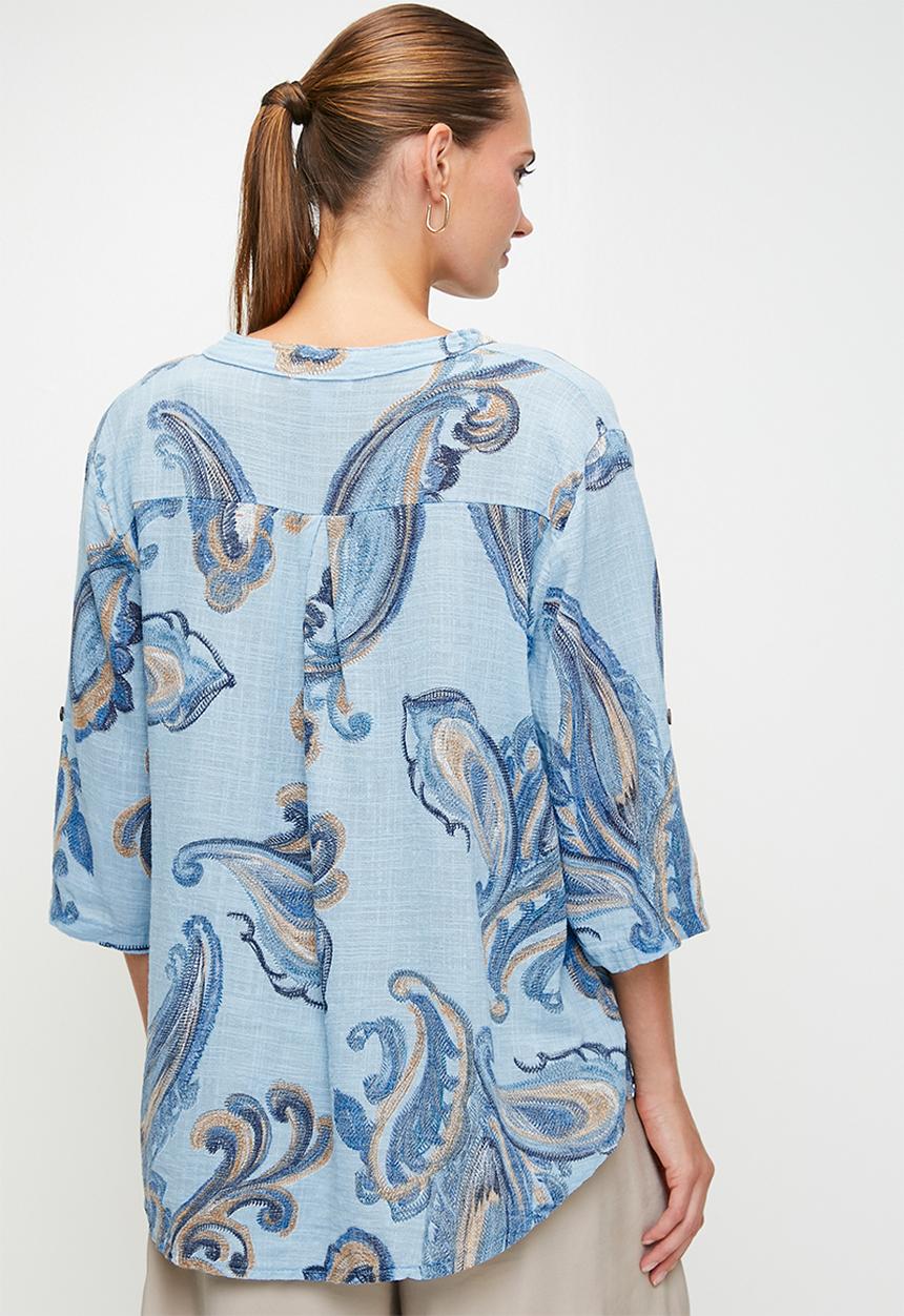 Stella Morgan - Italian Made Half Sleeve With Turn Back Half Placket Collared Blouse Printed - Blue