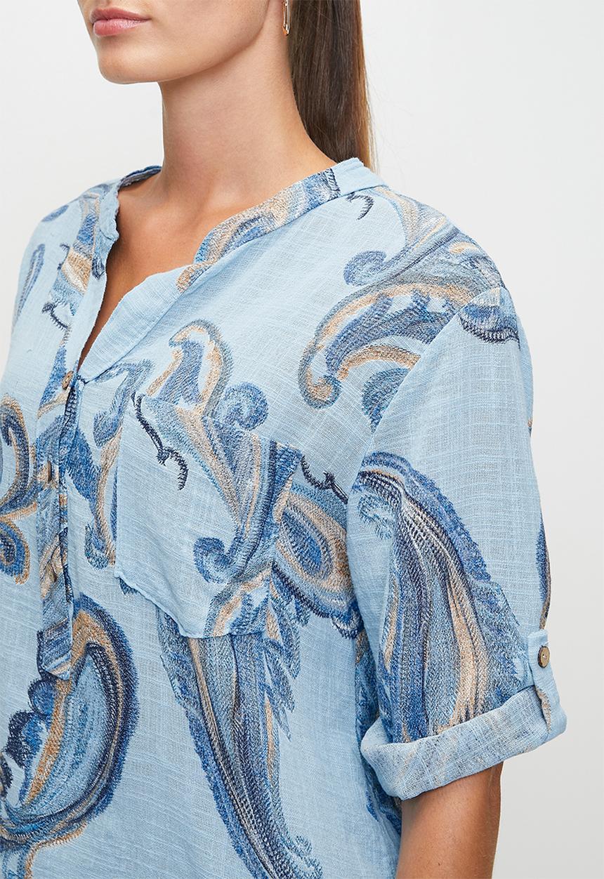 Stella Morgan - Italian Made Half Sleeve With Turn Back Half Placket Collared Blouse Printed - Blue