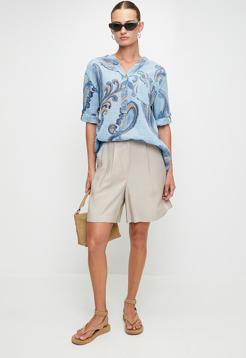 Stella Morgan - Italian Made Half Sleeve With Turn Back Half Placket Collared Blouse Printed - Blue