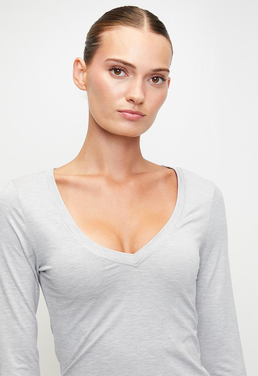 Cotton On - Ultra Soft Plunge Front Long Sleeve - Light Grey Marle