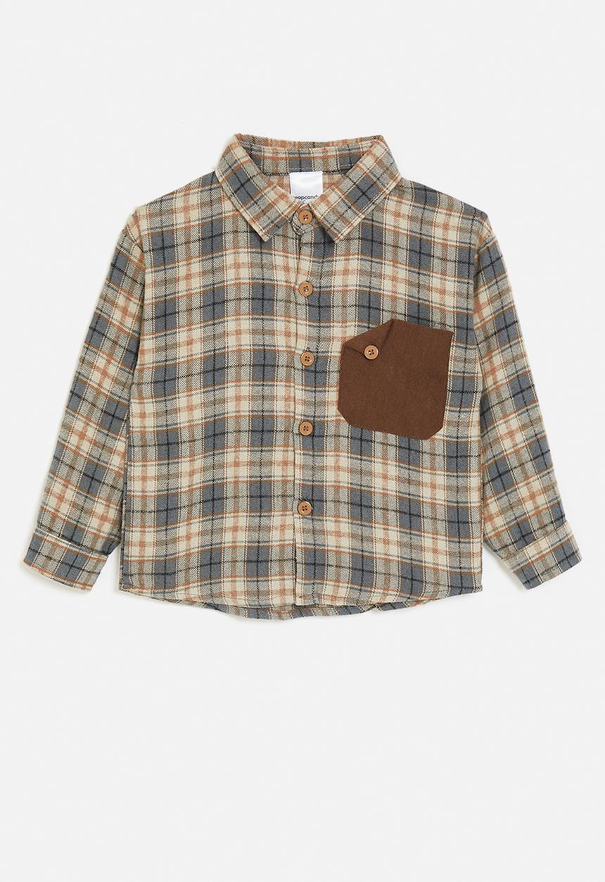 Pop Candy - Plaid flannel shirt with stylised pocket - beige/grey