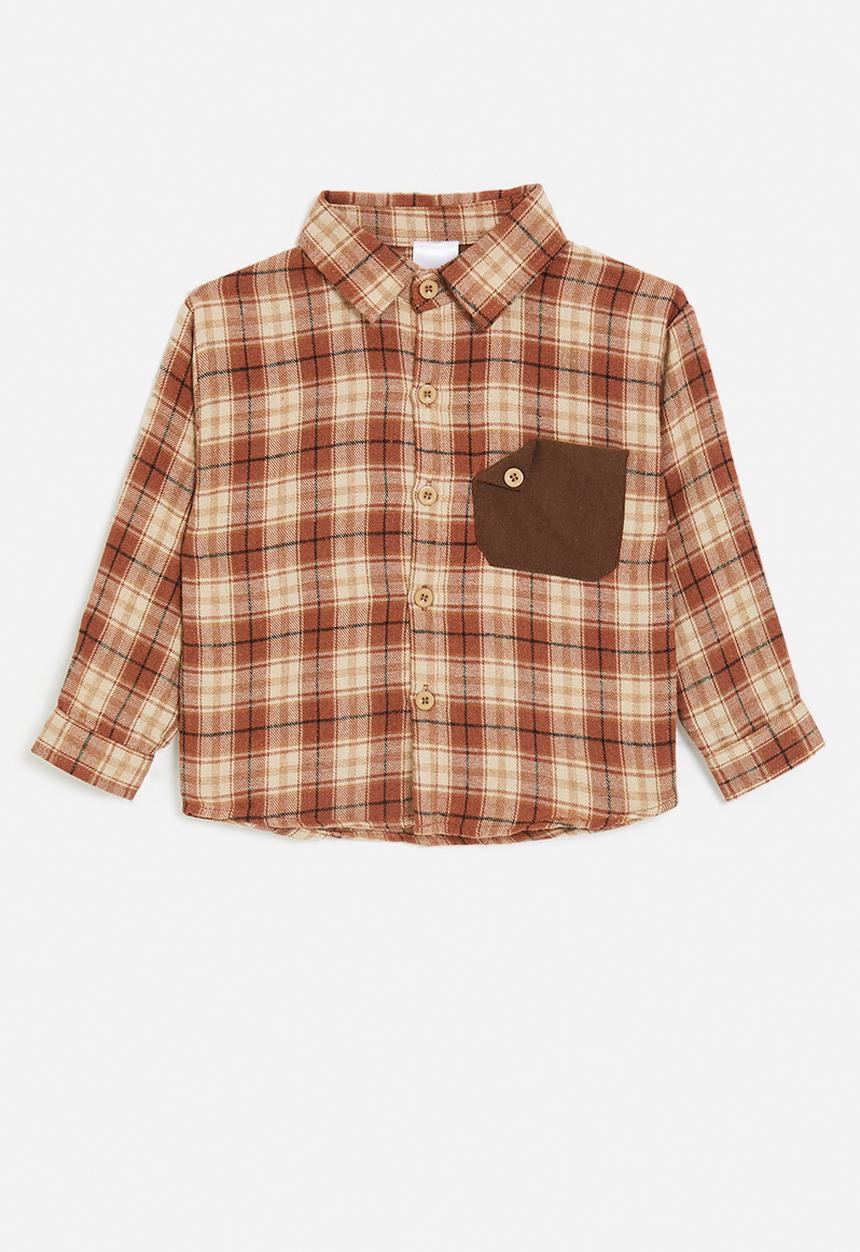 Pop Candy - Plaid flannel shirt with stylised pocket - brown ochre/beige