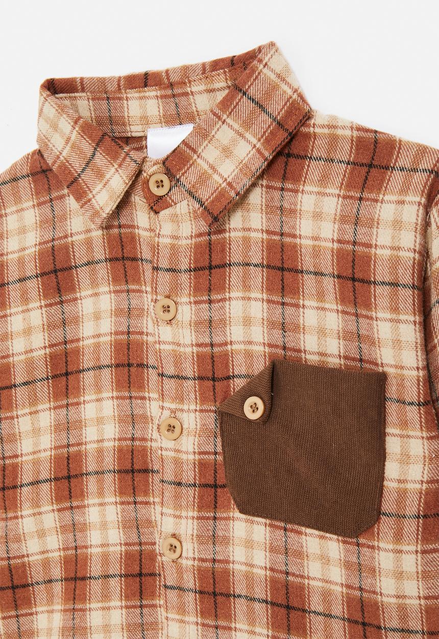 Pop Candy - Plaid flannel shirt with stylised pocket - brown ochre/beige