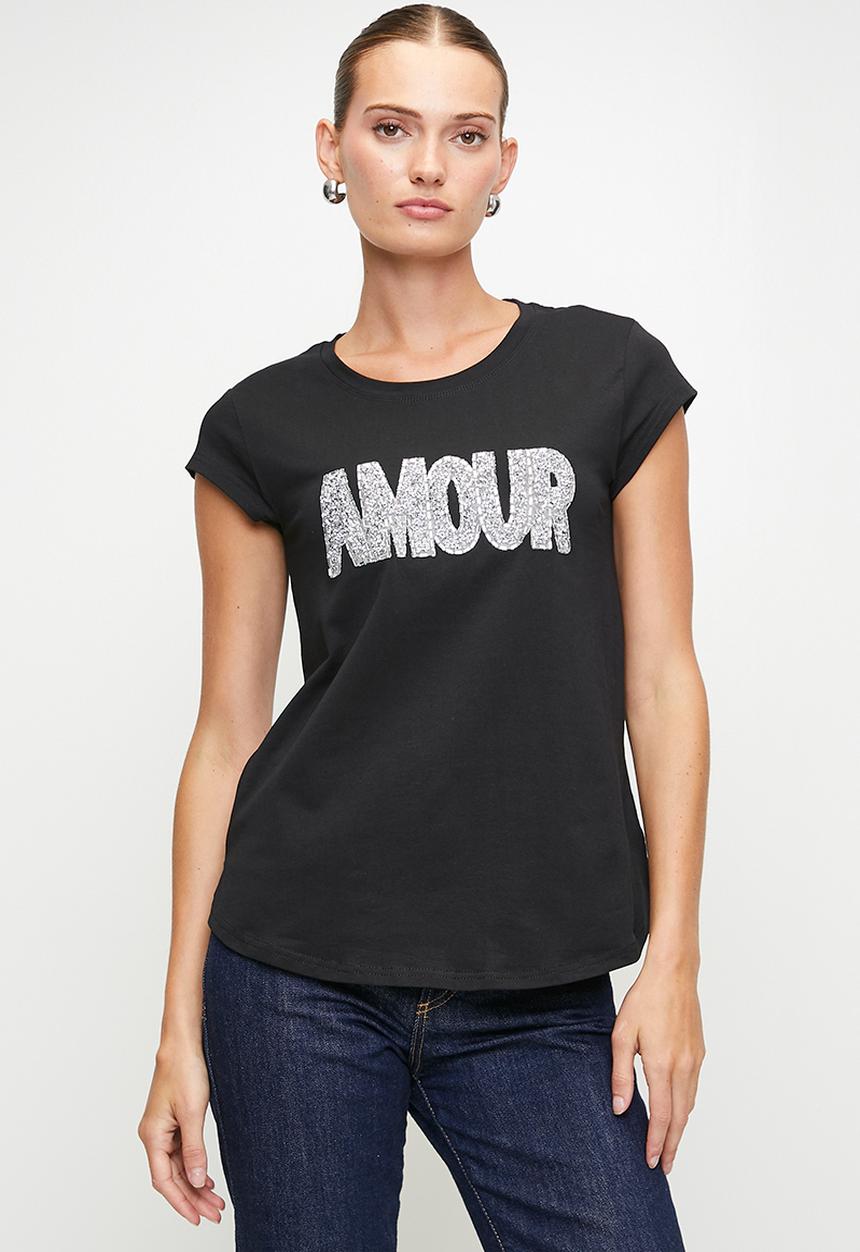 MANDI - Cap Sleeve Amour Embellished Logo Tee - Black