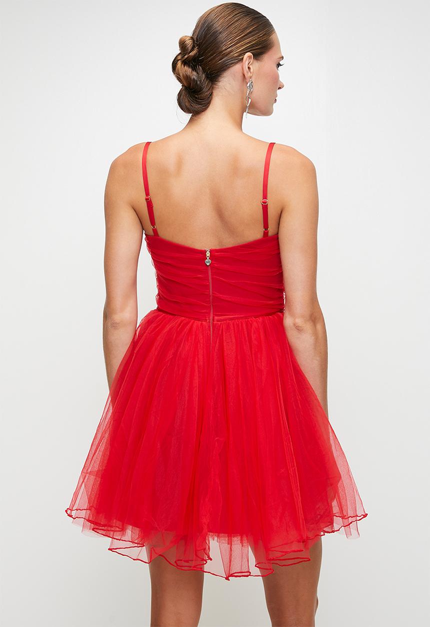 SISSY BOY - Tulle Mini Dress With Cups, Gauging And Small Bows - Red