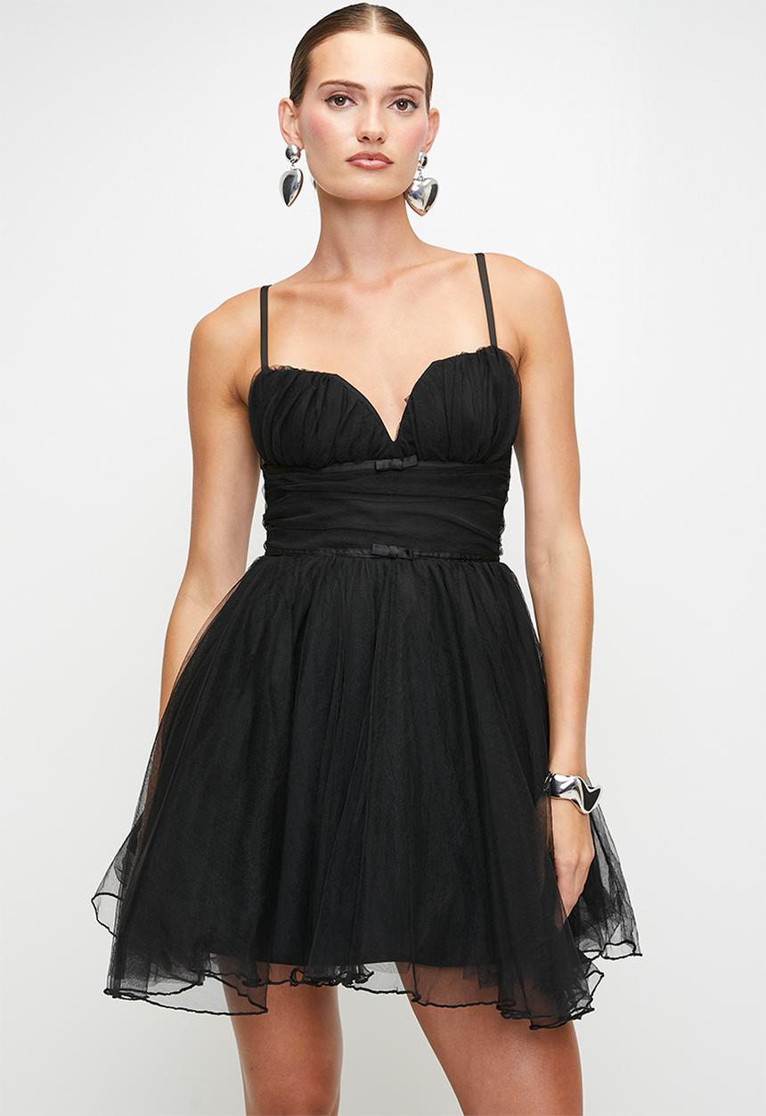 SISSY BOY - Tulle Mini Dress With Cups, Gauging And Small Bows - Black