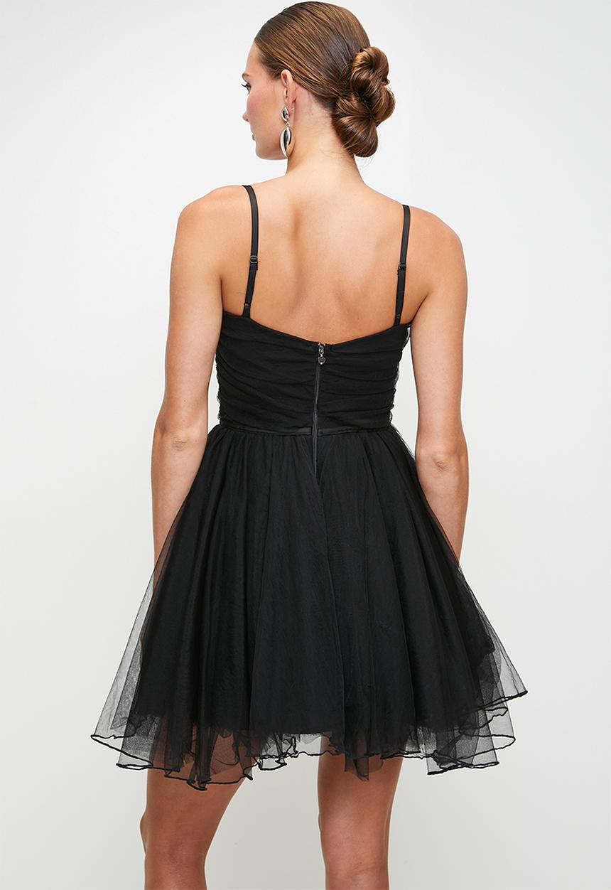 SISSY BOY - Tulle Mini Dress With Cups, Gauging And Small Bows - Black