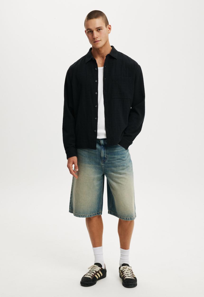 Cotton On - Remi Long Sleeve Shirt - Washed Black Dobby