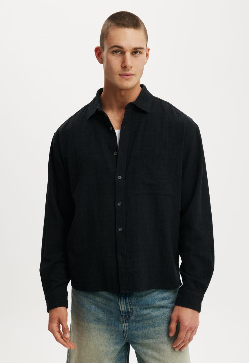 Cotton On - Remi Long Sleeve Shirt - Washed Black Dobby