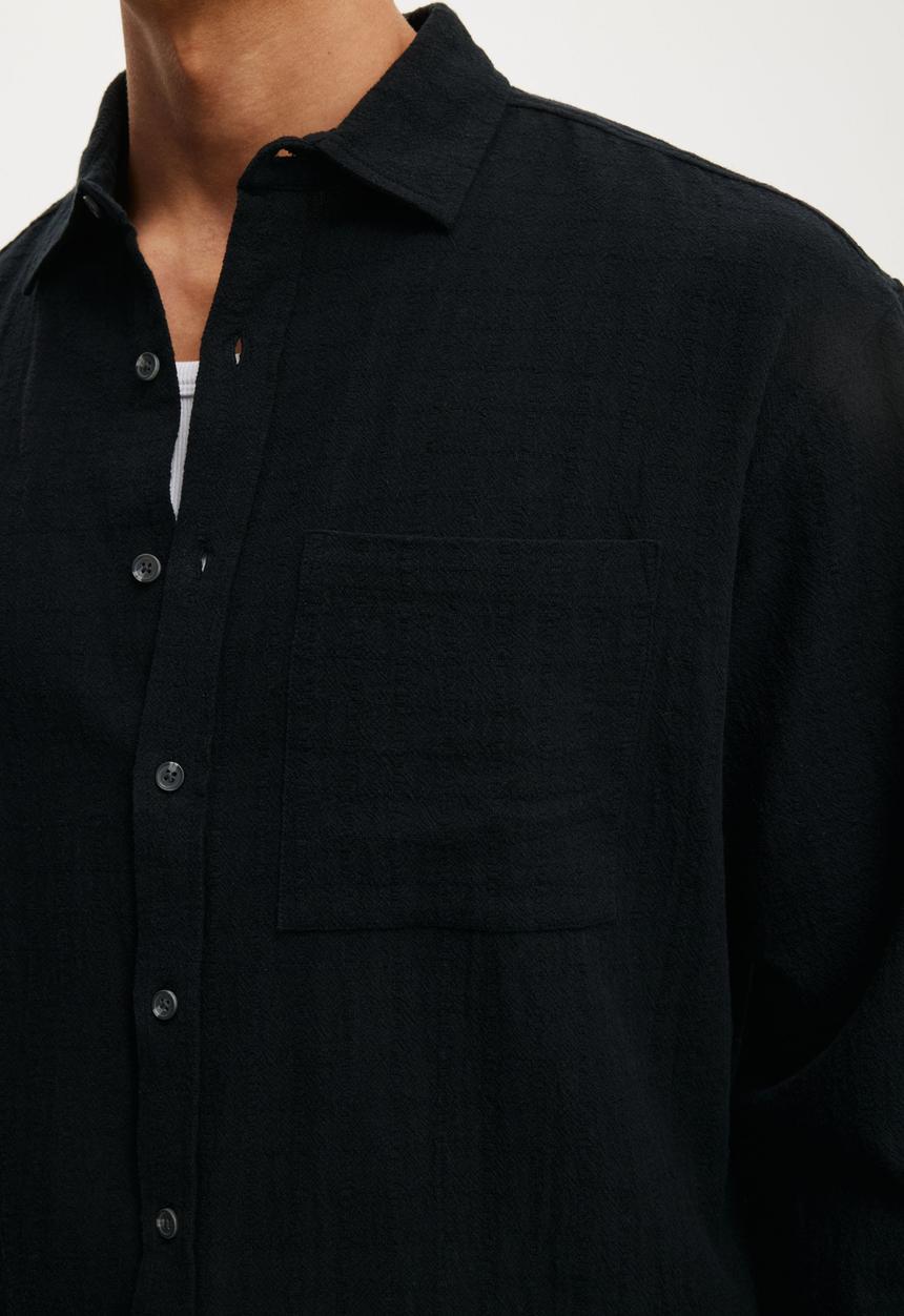 Cotton On - Remi Long Sleeve Shirt - Washed Black Dobby