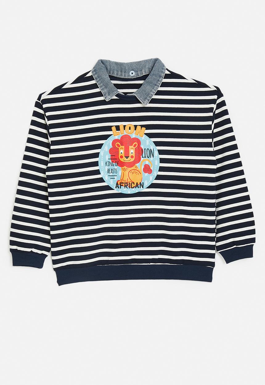 Pop Candy - Denim collared sweatshirt - navy stripes/king of beasts